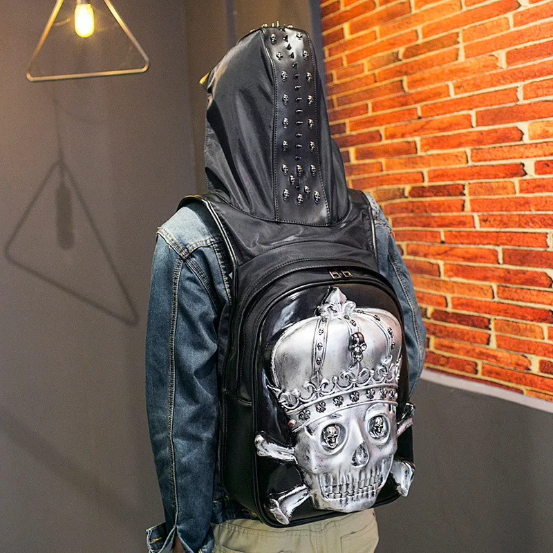 

Large Capacity Men Cool 3D Skeleton Crown Punk Gothic Backpack Women Leather Shoulder School Bag With Hood Cap Travel Backpack