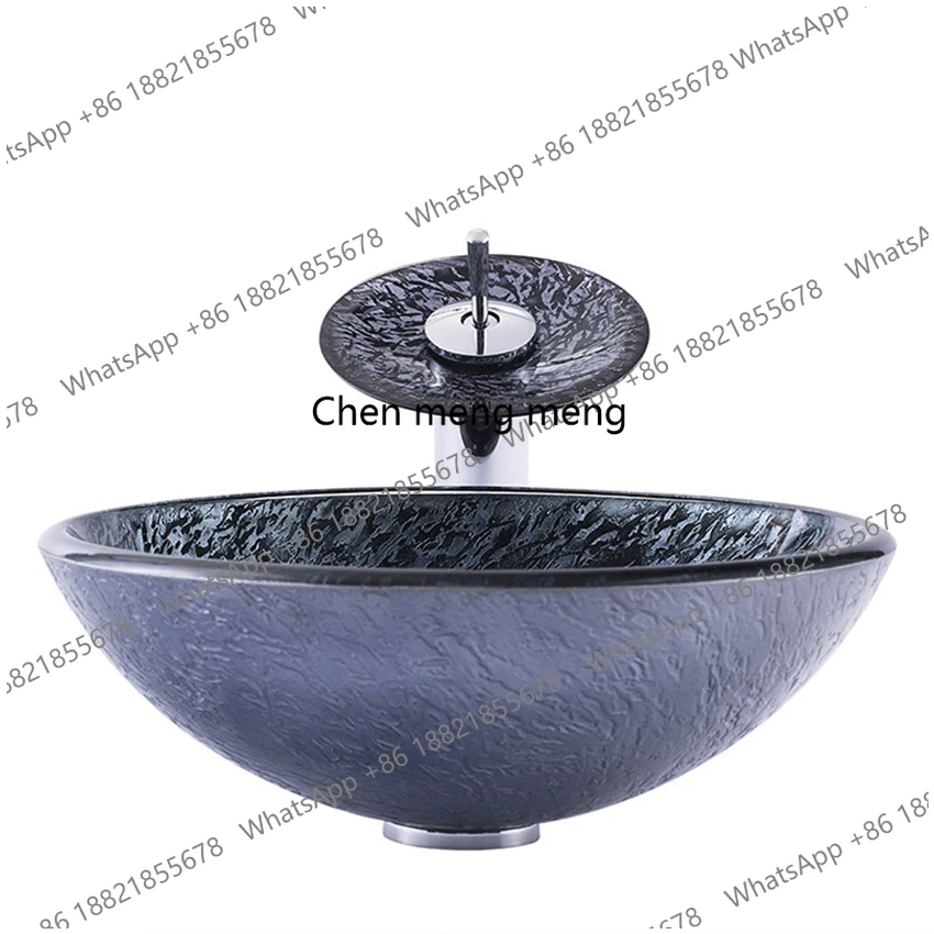 Household Bathroom tempered glass Washbasin Court retro art basin bathroom washbasin with Brass waterfall faucet