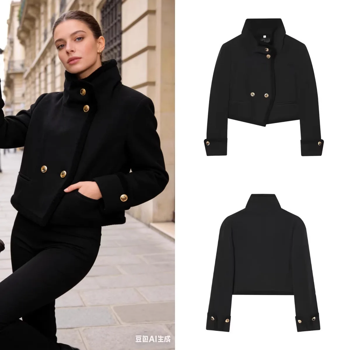 

Women's High Street Fashion Jacket Winter Trendy Versatile Gold Buttons Casual Blazer Single-Breasted Long-Sleeve Short Coat
