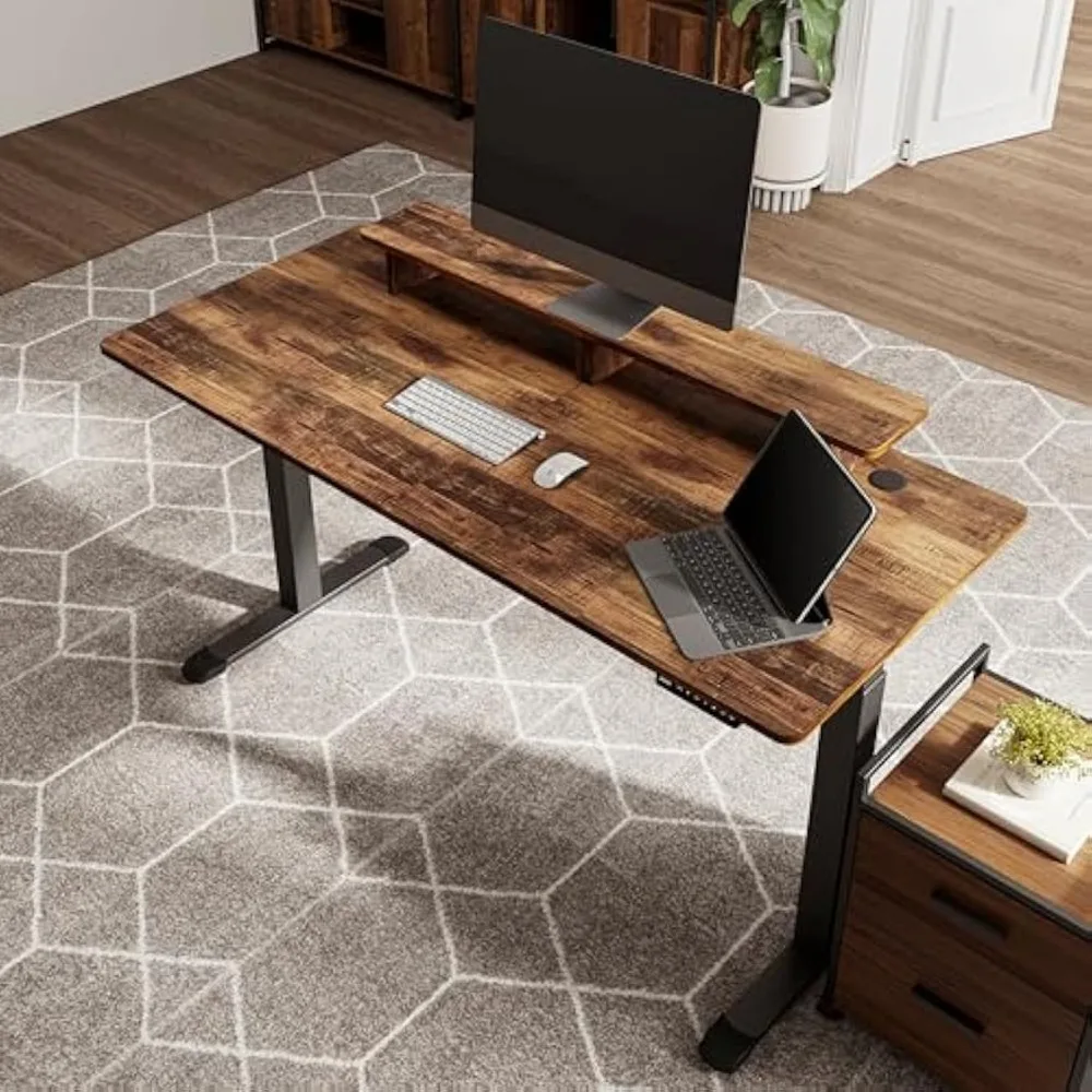 Electric Standing Desk,63 Inch Height Adjustable Desk with Dual Motor,Computer Desk with LED Lights & Double Shelves,