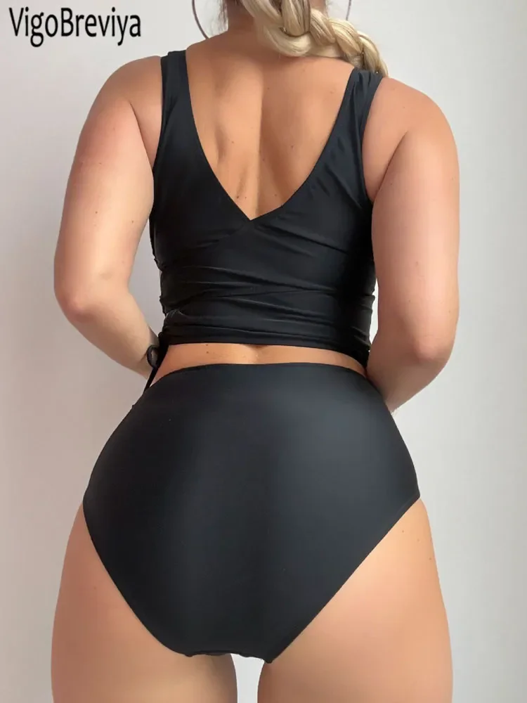 VigoBreviya 2025, traje de baño Sexy liso con tirantes, Tankini cruzado con realce para mujer, traje de baño brasileño para mujer, traje de baño hueco de cintura alta