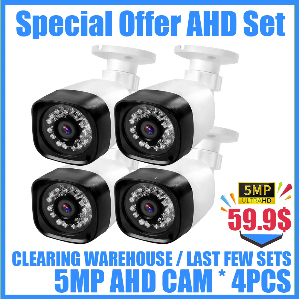 

Комплект 4PCS 5.0MP 4CH Система замкнутого телевидения AHD Мини камеры 4 в 1 OSD Меню 4MP HD Домашняя безопасность Набор наружной водонепроницаемости IP66