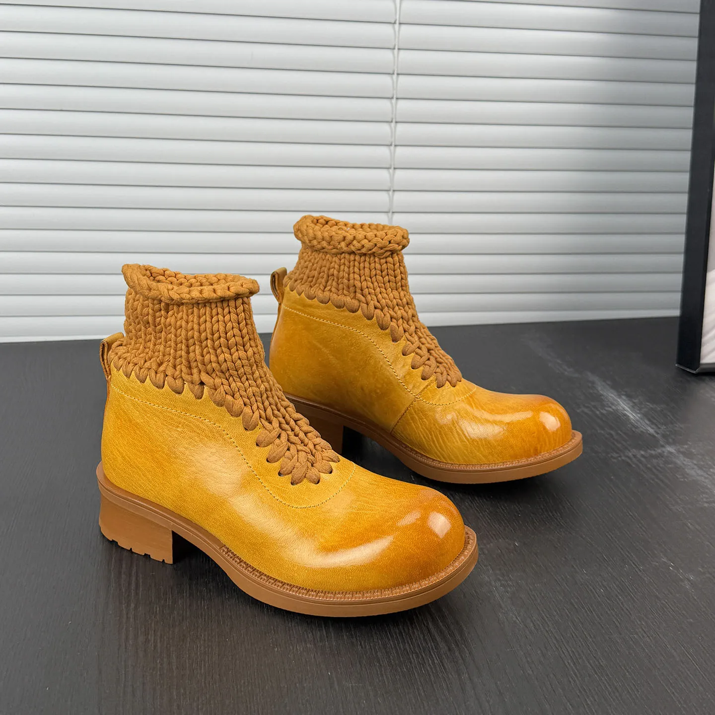 Women's Ankle Boots Knit Cuff Washed Horse Leather Round Toe Low Heel Back Zipper Retro Casual Soft Comfortable Ladies BootsF431