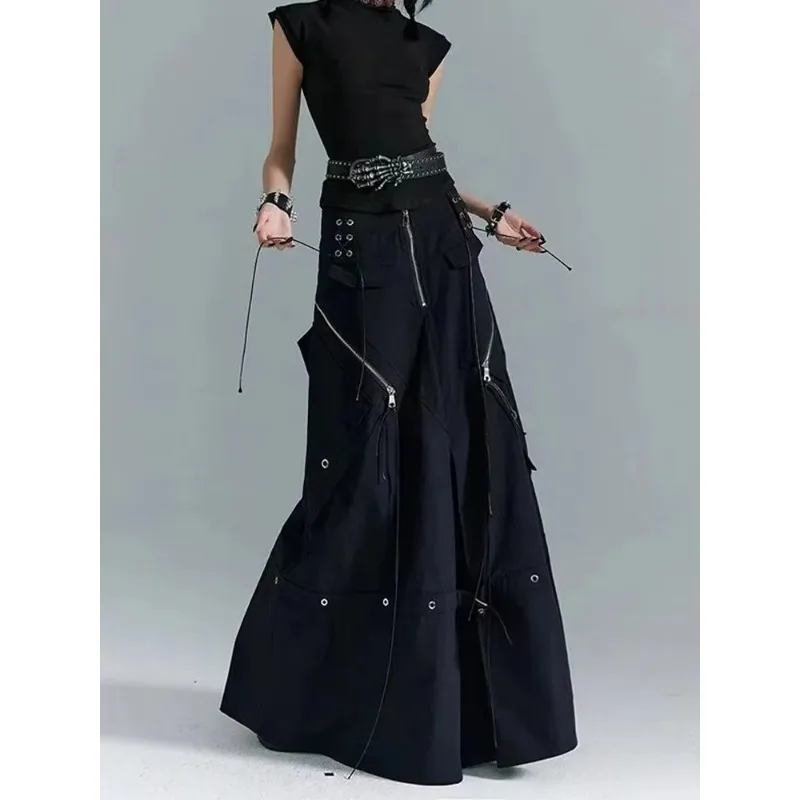 New Gothic Y2K Cargo Denim Long Skirt Women Harajuku Vintage Black Bandage Jeans Skirts Aesthetic High Waist A Line Skirts