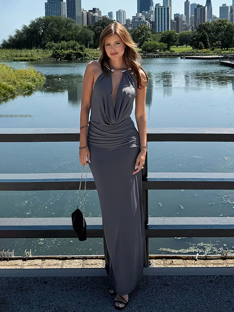 

HH Female Summer Elegant Sexy Halter Collar Long Dress Solid Backless Decoration Women's Fashion Slim Sleeveless Dresses