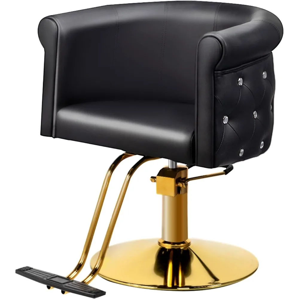 Silla de salón para estilista, silla de pelo negra y dorada con reposapiés trasero capitoné, bomba hidráulica, silla de peinado para trenzar Co