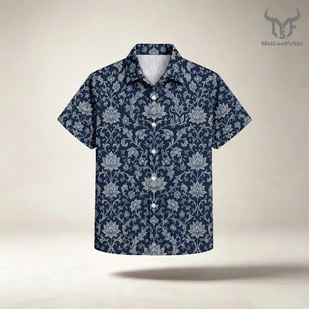 Summer Men Hawaiian Shirt Retro Blue Porcelain Lotus Full Print Lapel Short Sleeve Button Up Shirt Casual Holiday Streetwear
