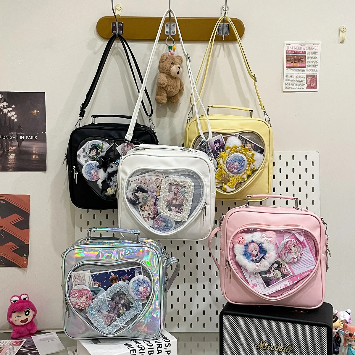 Holographic PU Leather Cute Heart Pin Display ITA Bag Girls Student Rucksack Crossbody Itabag Female Lolita Purse School Bag