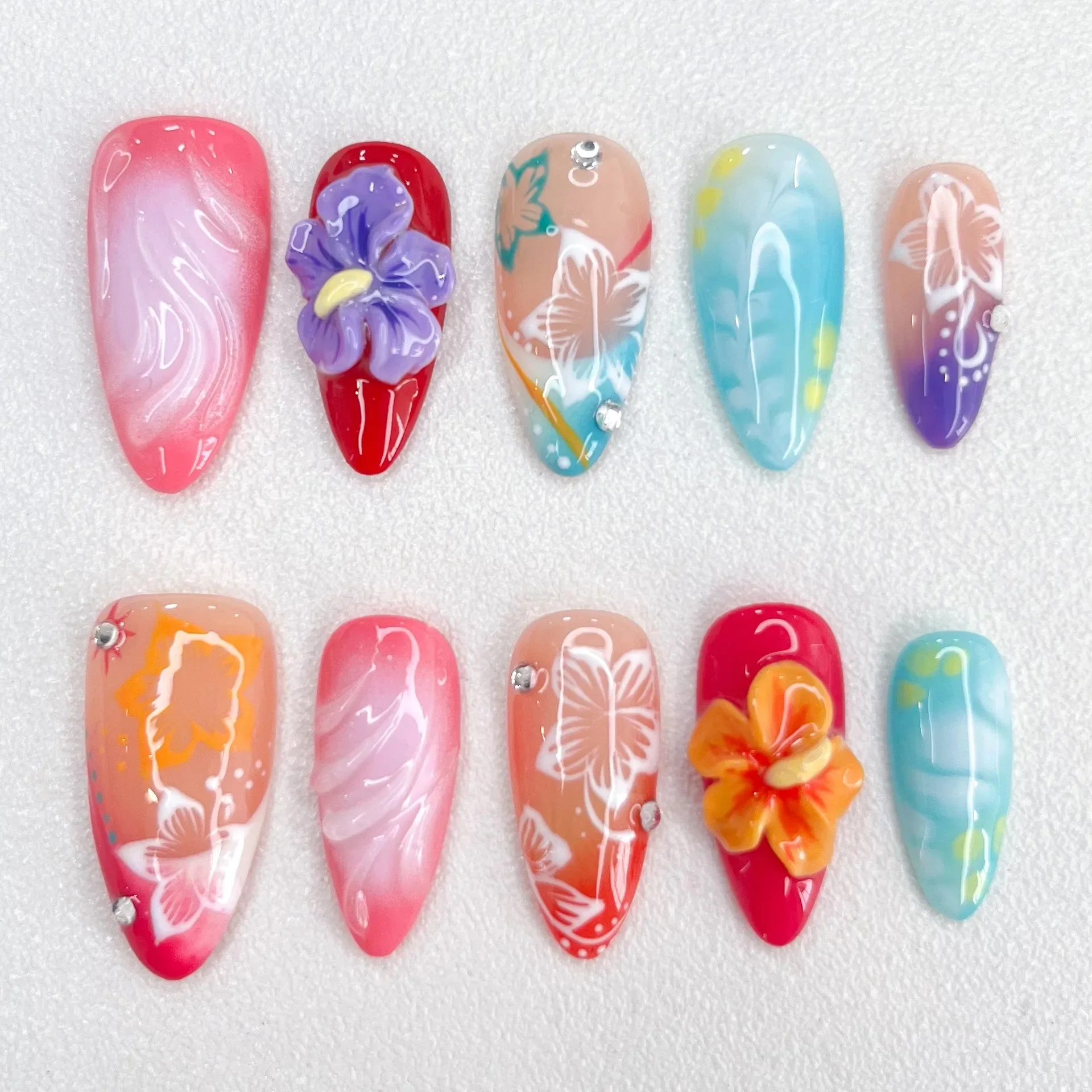 

Hand-painted Hibiscus Nails Press Ons 3D Flower Handmade Fake Press on Nails Set Acrylic Tips Pink Medium Almond 3D Flowers Nail