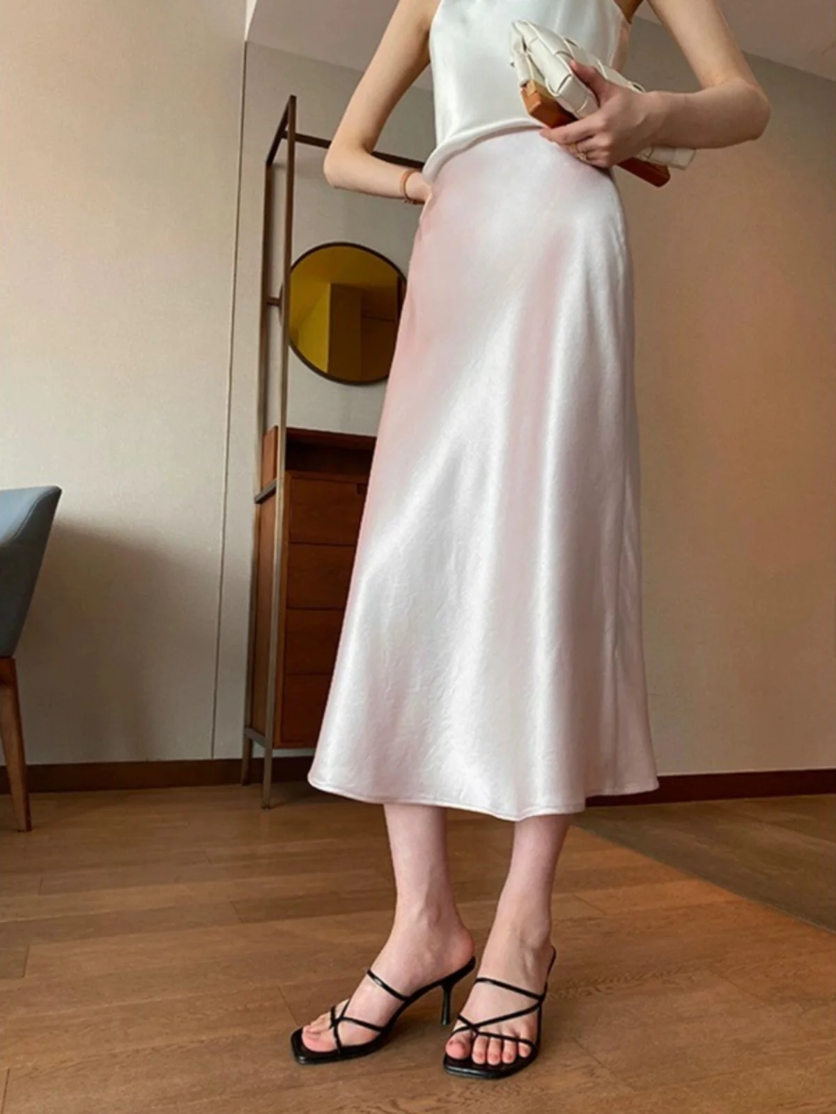 

Атласная юбка с завышенной талией, женская, средней длины, тонкая, облегающая, длинная юбка, летняя, элегантная, премиум-класса