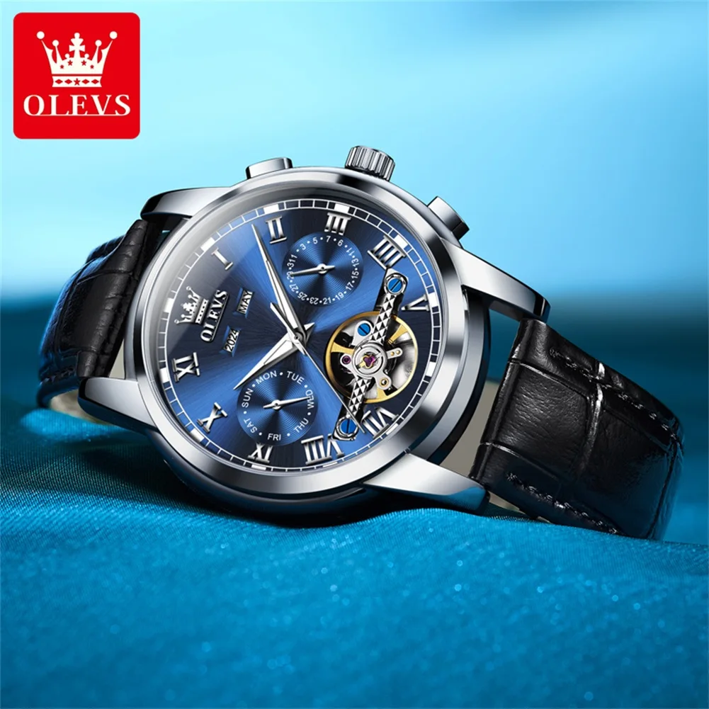 ساعة OLEVS 6607 من أفضل العلامات التجارية الميكانيكية للرجال بحزام جلدي أصلي مقاوم للماء وتقويم مجوف مضيء ساعة أوتوماتيكية للرجال #2