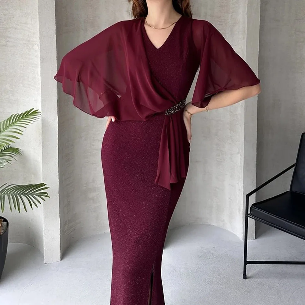 فساتين سهرة مخصصة على شكل حرف a طول الأرض ورقبة على شكل حرف v نصف كم فستان حفلات موضة مطرزة بفتحة جانبية ثنيات للحفلات