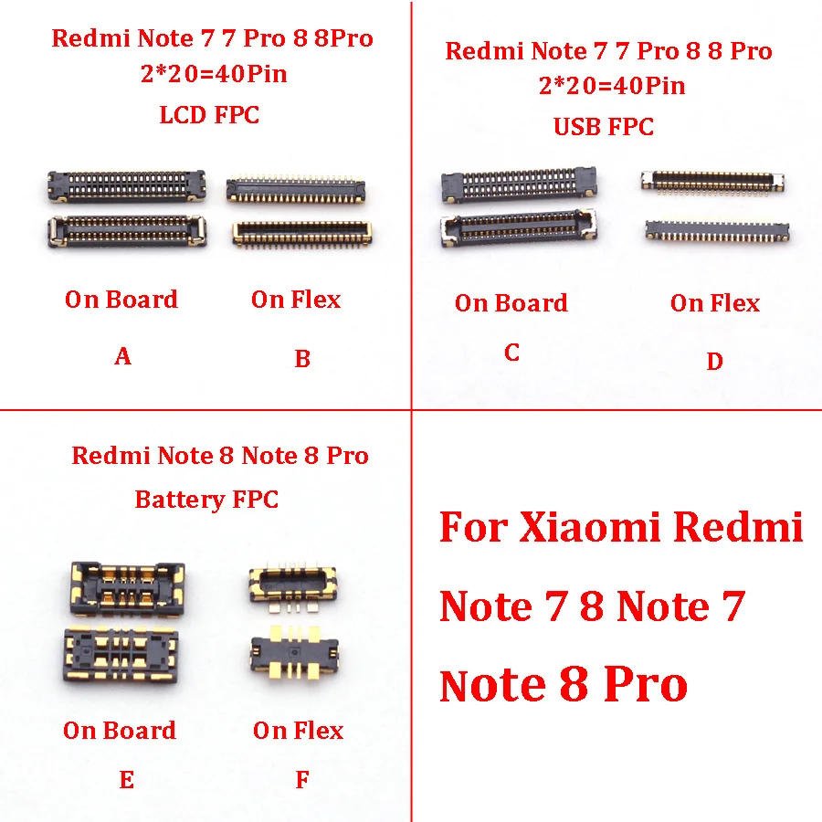 2pcs 40Pin LCD Display FPC Connector on Motherboard for Xiaomi Redmi Note 7 8 Note 7 Note 8 Pro Battery USB Charging Dock Port