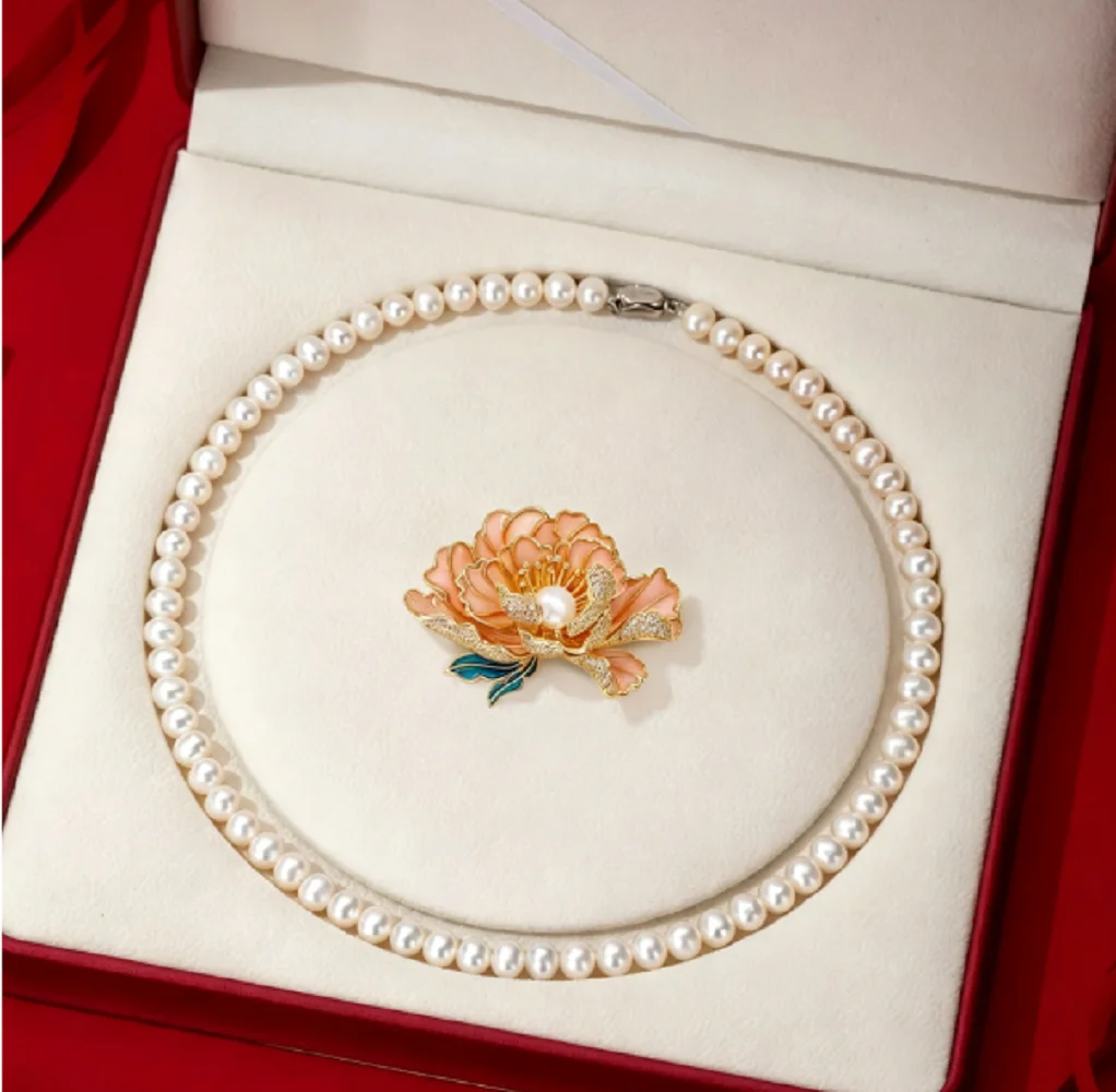 Classic necklace AAAA8-9mm natural pearl necklace18in/925s button and peony pearl brooch