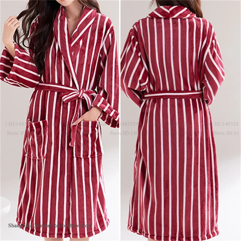 Thicken Warm Women's Long Robe Sleepwear Burgundy Stripes Kimono Bathrobe Gown Winter Flannel Coral Fleece Home Dress Loungewear