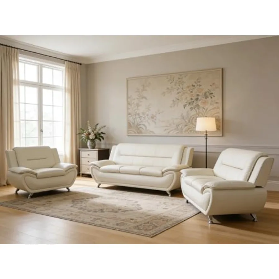 

3-Piece Living Room Furniture, Modern White Faux Leather Sofa Set with Sturdy Metal Legs, 3-Seat Sofa + Loveseat + Armchair,Eas
