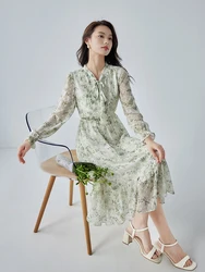 VIMLY The Lady's Elegant Chiffon Floral Dress Autumn New V-Neck With Lace-up Long Sleeve Casual Vintage Beach Sexy Sundress