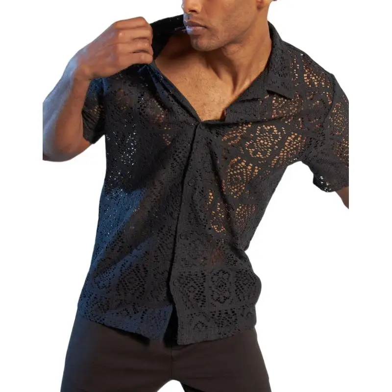 

Men's Summer Short Sleeve Shirt Casual Hollow out Vacation Button up CleanFit Neck PU Material Beachwear round Dot Pattern