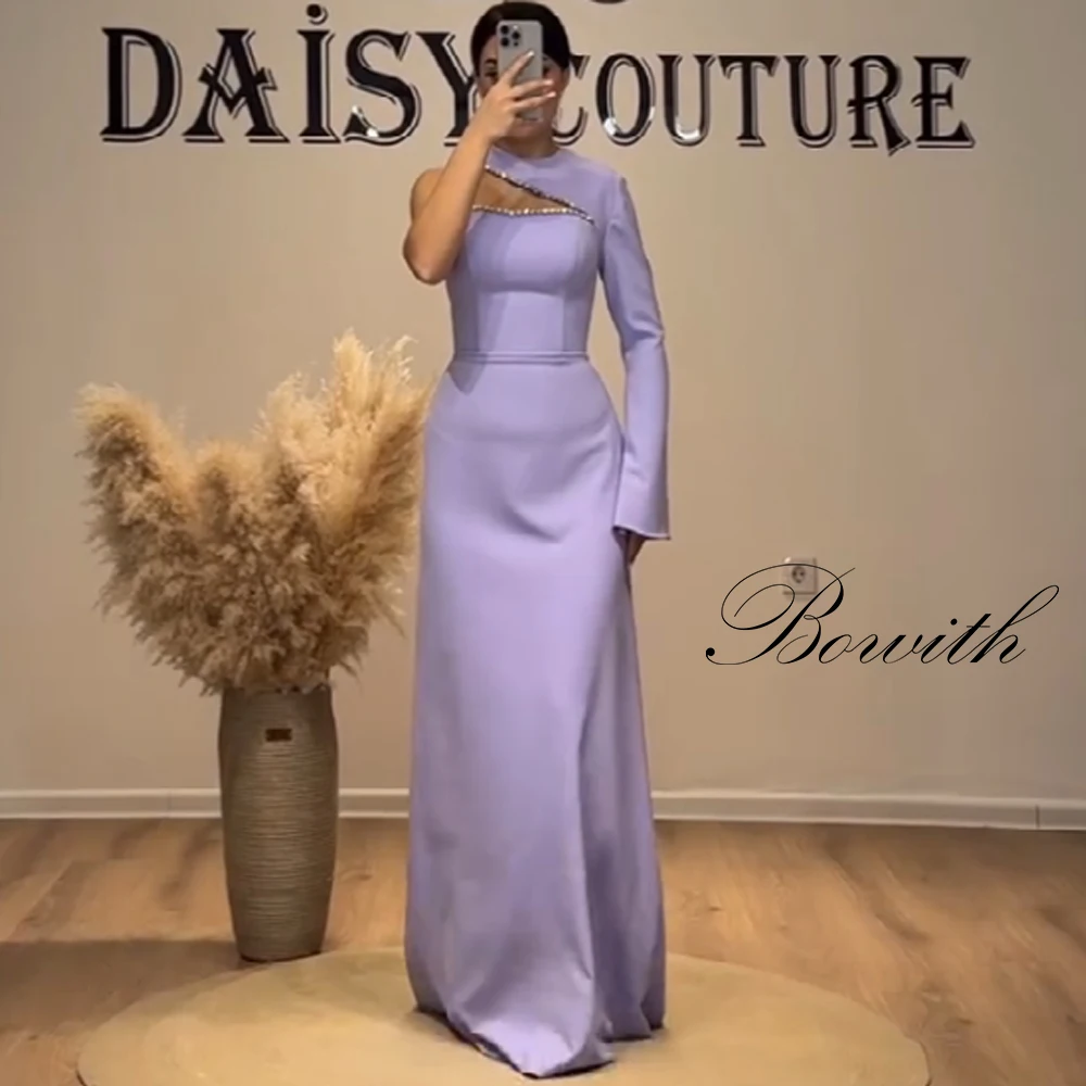 

Bowith Purple Satin Evening Dresses Beading One Shoulder Long Sleeves Prom Dresses Women Gown for Formal Occasion Customized