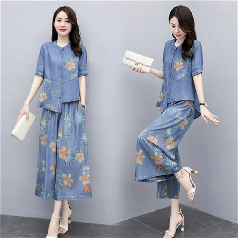 Skirts Womens 2024 Summer New Fashion Women Printed Hooded Shirt Denim Skirt Two Piece Set Female Long Skirt Suit 479