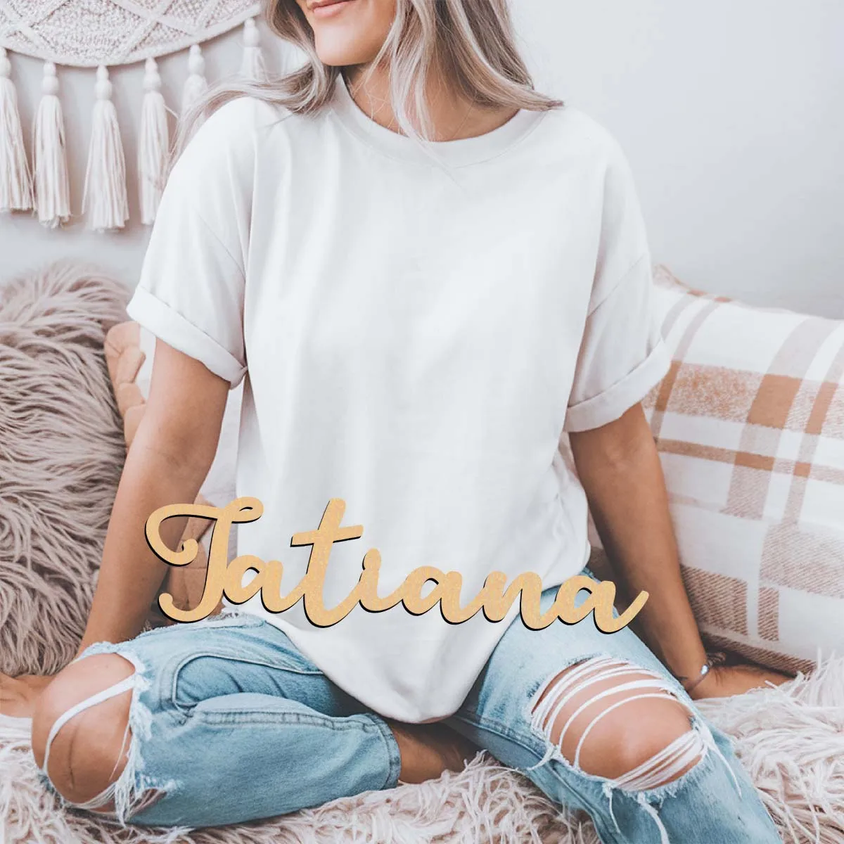 1 Stück Cartoon Jatiana Beispiel personalisierter Text lasergeschnittenes Schild Holzschild Holztafel Weihnachtsdekorationen