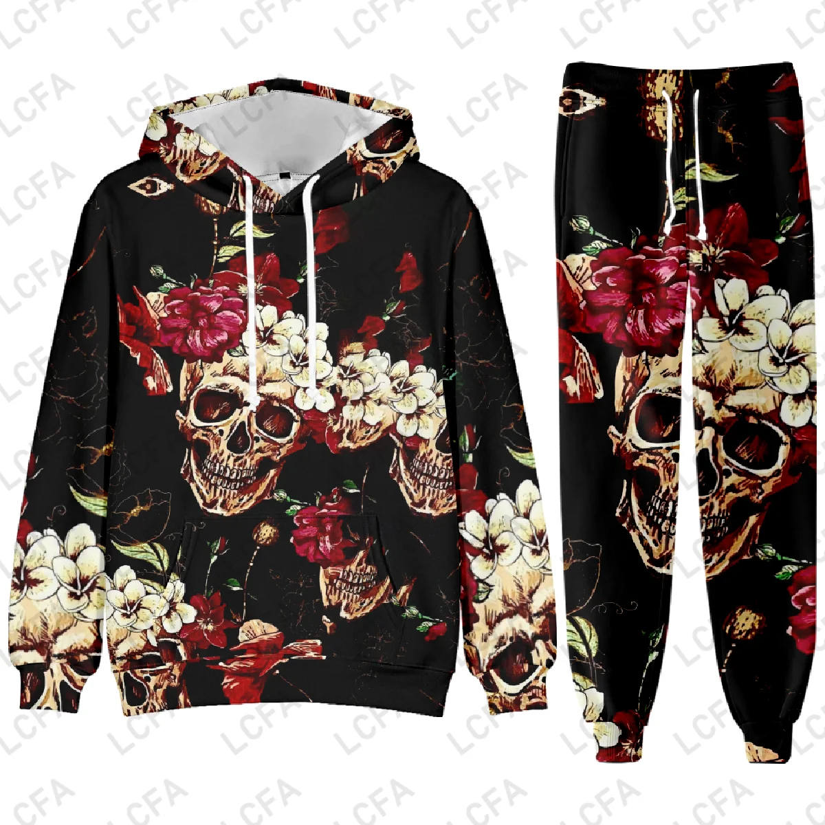 Flower Skull Tracksuit Sets Men's Casual Hoodies Pants 2PCS Mens Long Sleeve Sport Suit Male Pullover Hoodies Sports Clothing