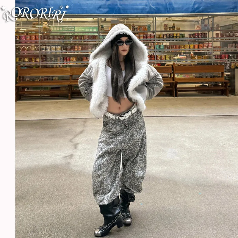 

RORORIRI Джинсы-бочонки Большие широкие брюки в стиле ретро для женщин Шикарные Y2K Утепленные джинсовые брюки с низкой талией на флисовой подкладке