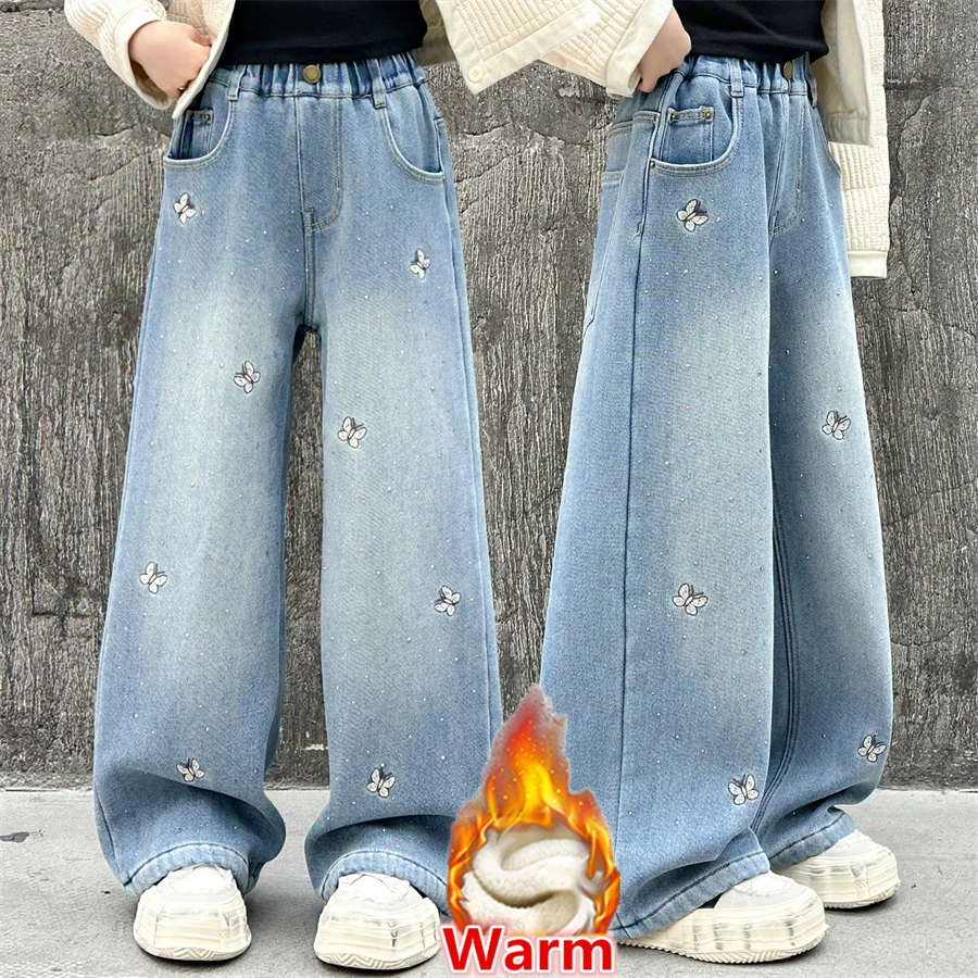 

American Harajuku Girl Butterfly Embroidery Slim Fit Winter Warm Wide Jeans with Fleece Lined Kids Child Warm Rhinestone Pants