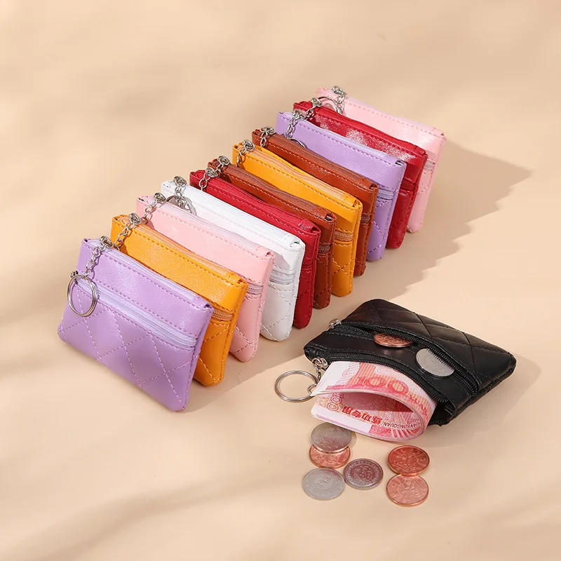 Women\'s Casual Wallet Coin Purse Lattice Key Ring Pendant Women\'s Double Pocket Storage Small Bag Key Bag Mouth Red Envelope