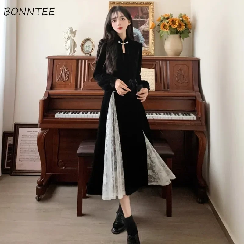 

Long Sleeve Dresses Lace Spliced Autumn Winter Flattering Waist Slim Fit Velour Chinese Style Solid Square Collar Streetwear