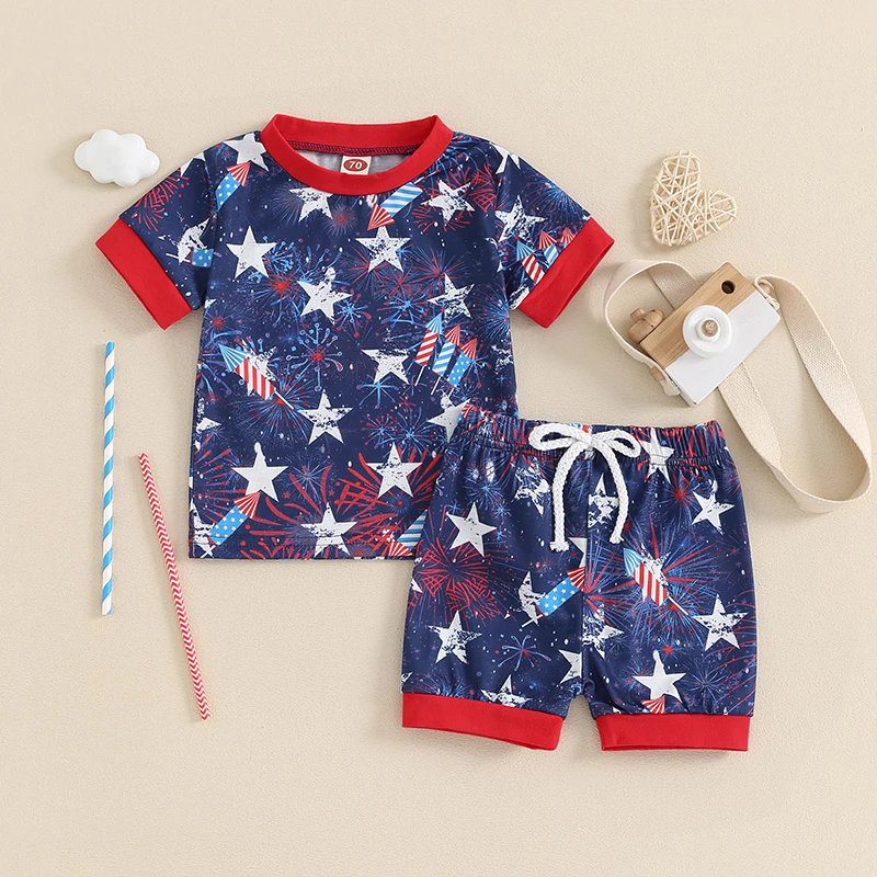 

2024-03-21 Lioraitiin 0-3Y Baby Boy 4th of July Outfits Short Sleeve Firework Star Print Tops + Shorts Set Summer Clothes