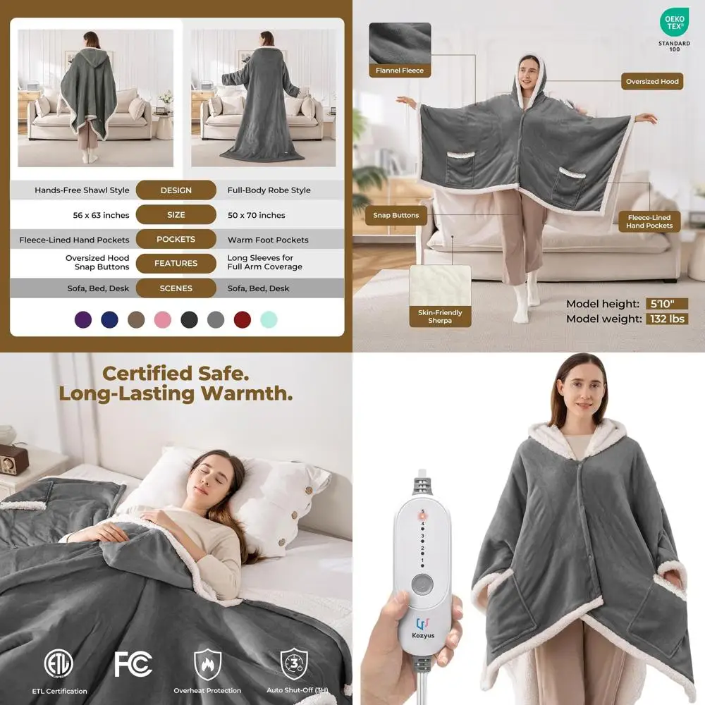 Electric Heated Blanket with Hood & Pockets, 5 Levels, Auto-Off, Washable, Certified, Unisex, Light Grey, 56x63