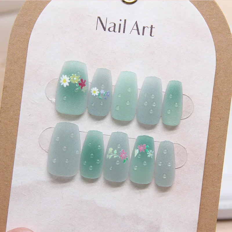 10Pcs Matte Flower Medium Length Ballet Press Fake Nail Full Cover Demal Design Almond Fake Nails Wearable Manicure Nail Tips