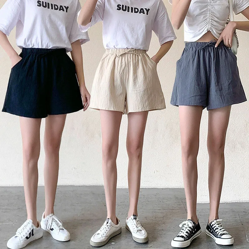 Women Cotton Linen Shorts Summer Casual Solid Color Two Pockets Wide Leg Shorts Female Loose High Waist Soprts Basic Short Pants