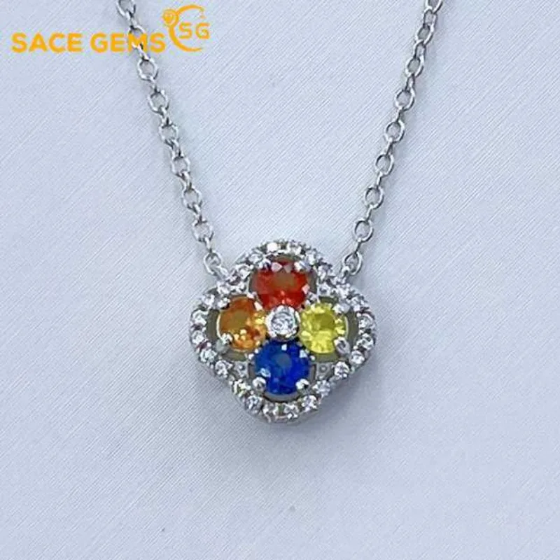 

SACE GEMS Luxury 925 Sterling Silver 3MM Natual Colourful Sapphire Pendant Necklace for Women Cocktail Party Fine Jewelry Gift