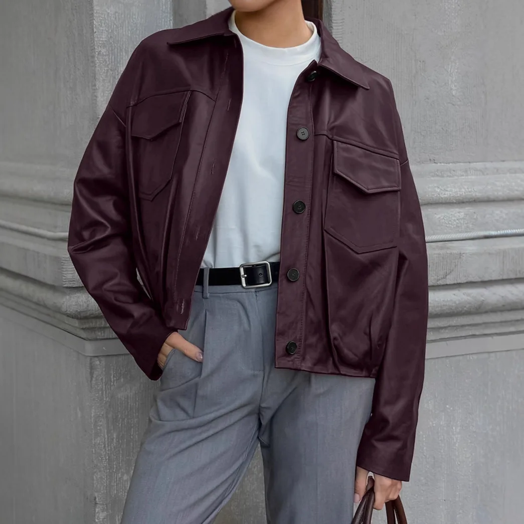 

2025 Retro Trendy Leather Jacket Women's Luxury Autumn and Winter Wine Red Short Loose Jacket