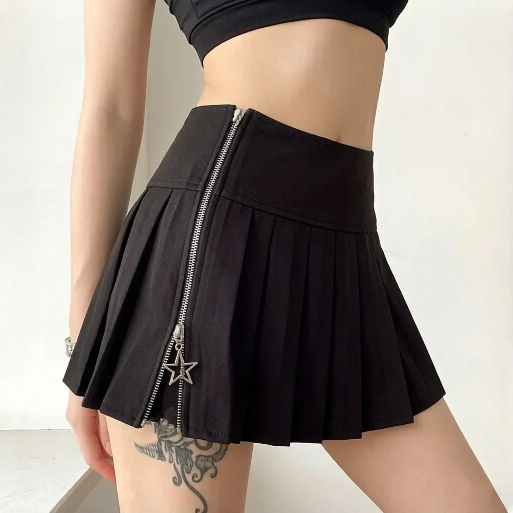 Black Zipper Pleated Skirt Vintage Women Kawaii High Waist Mini Skirts Korean Fashion School Uniform Harajuku Streetwear Spring