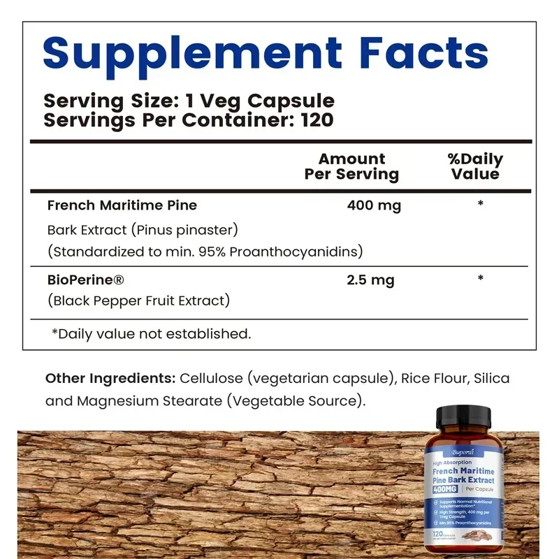 French Maritime Pine Bark Extract - Promotes Overall Health, Improves Nutrient Absorption, for Healthy Hair and Skin, Non-GMO