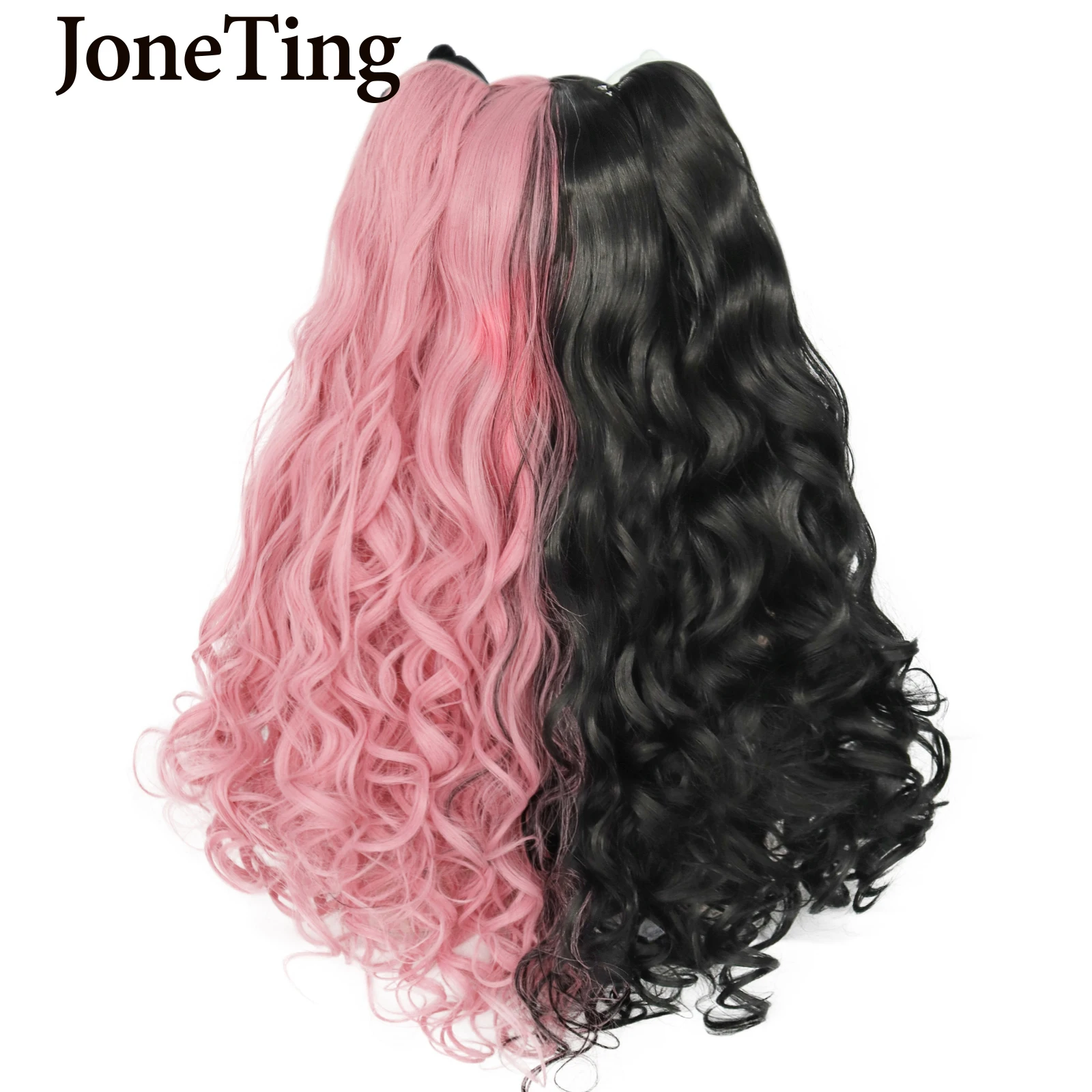 JT Synthetic Pink Lolita Rainbow Wig With Bangs Brown Long Water Wave Cosplay Wig With Ponytails Clips Heat Resistant Fiber Wig