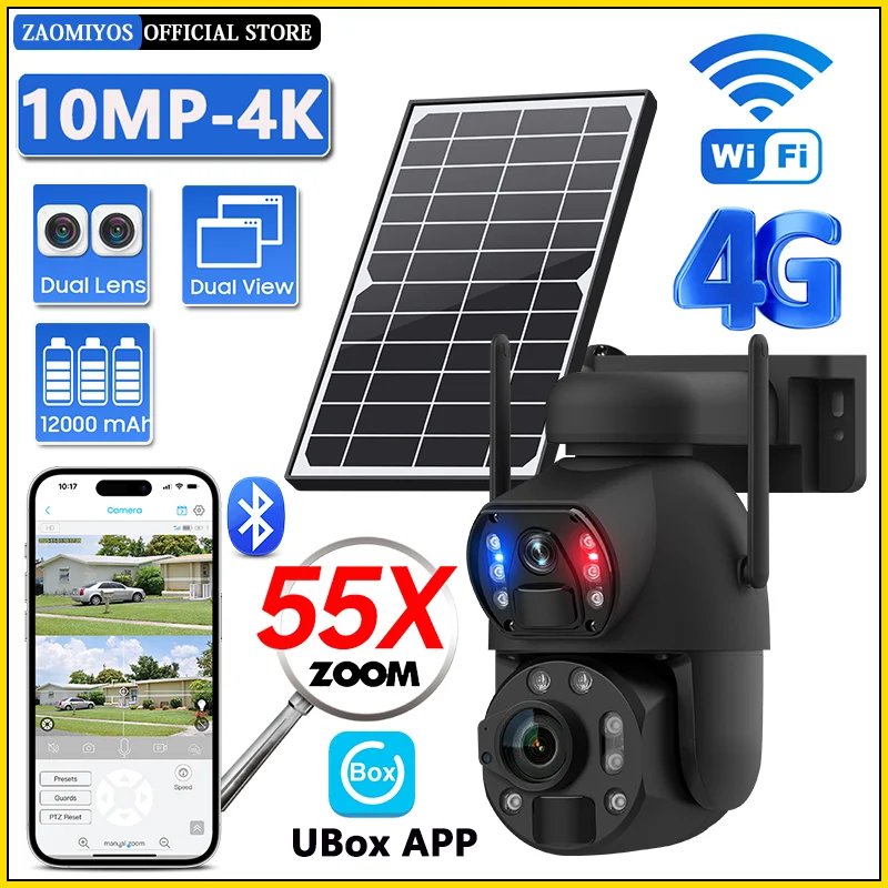 

4K 55X Optical Zoom Dual Screen Solar Camera Outdoor 10MP 4G/WiFi PTZ Dual PIR Detection Auto Tracking Night Vision Security Cam