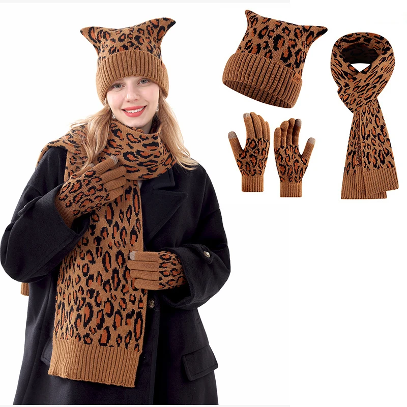 新しいレディース冬用暖かいニットクロシェビーニーハット、タッチスクリーン対応グローブ、ロングネックスカーフセット、ファッショナブルな暖かいニットキャップ