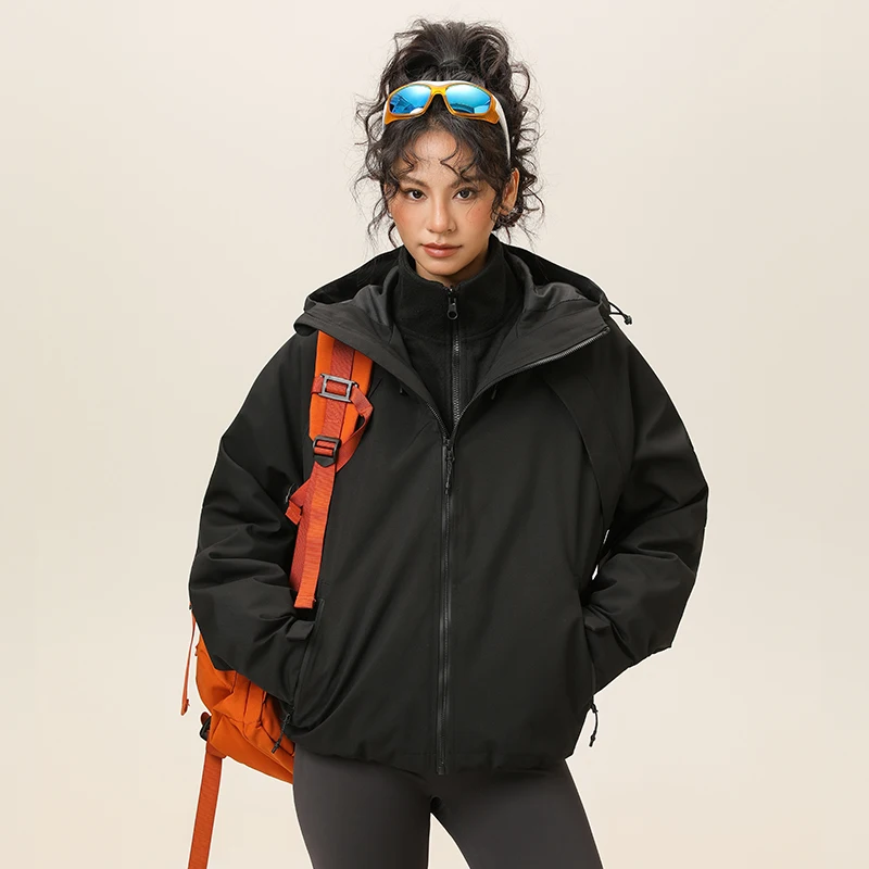 3 - في - 1 سترة نسائية قصيرة للخريف/الشتاء للاستخدام الخارجي مع بطانة من الصوف: سترة تخييم خارجية بسيطة ودافئة ومتعددة الاستخدامات مكونة من قطعتين