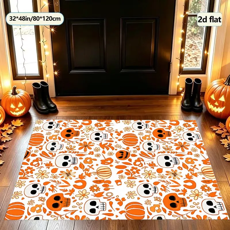 Velvet Rug Pumpkin Skull Floral Print All over for Entryway Bedroom Living Room Decor