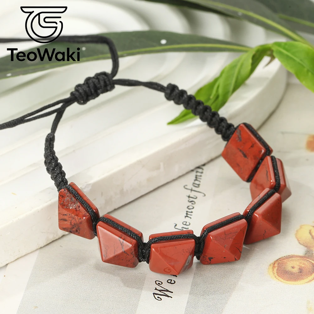 TeoWaki Natural Red Jasper Pyramid Beads Braided Bracelet Adjustable Geometric Square Stone Bracelet Fashion Jewelry Gift 14+8cm
