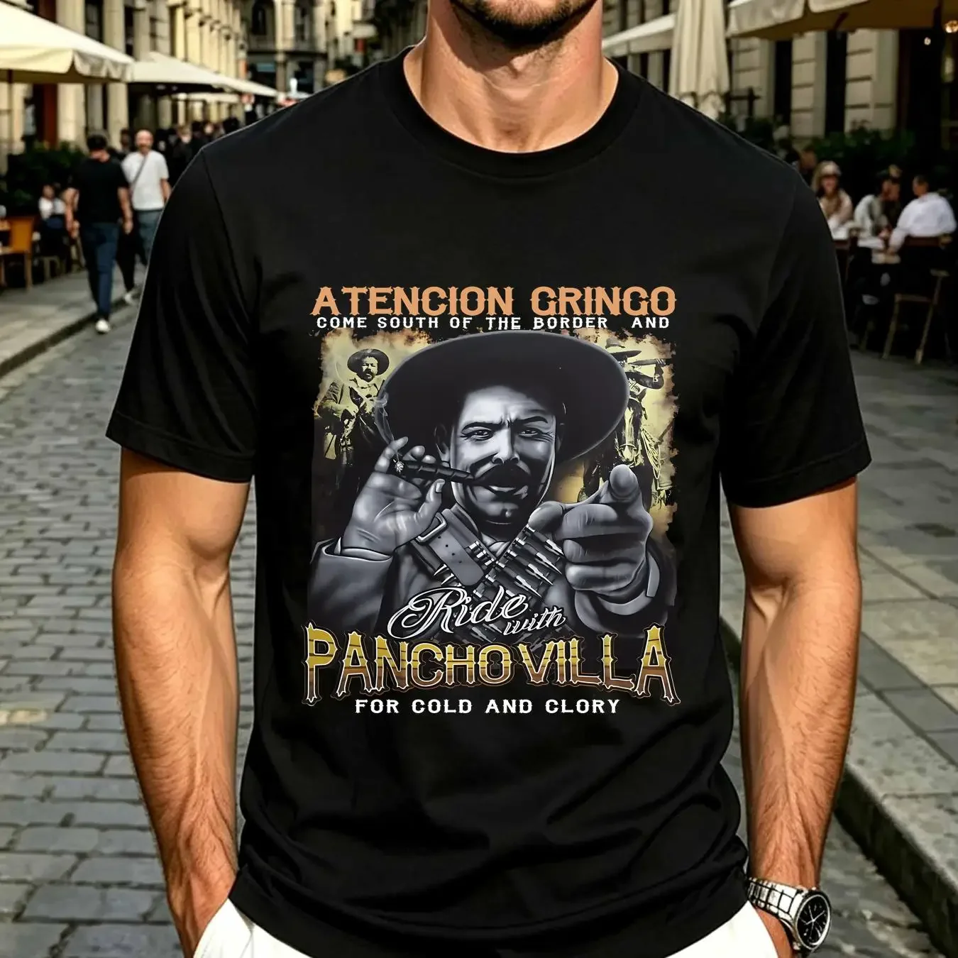 washed T Shirt PANCHO VILLA CIGAR BULLET GRINGO RIDE FOR GOLD AND GLORY vintage Washed Stretched Comfortable Casual Breathable