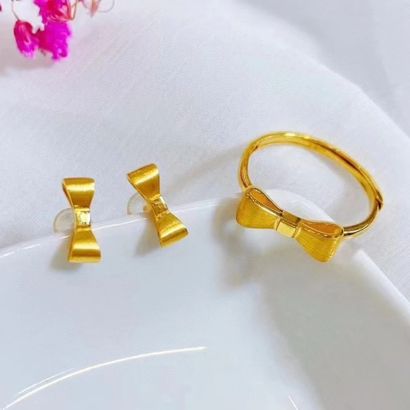 1pcs Pure Gold Ring Band For Women Real 24K Yellow Gold 3D Hard Gold 5G Light Design Bow-knot Gold Earrings One Pair Set Jewelry