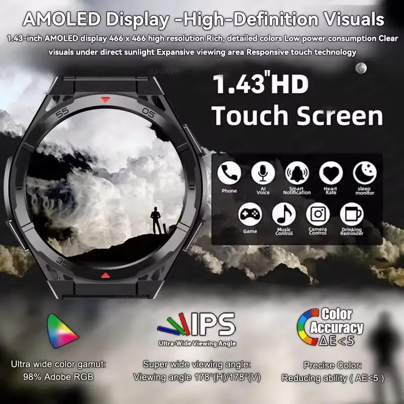 لهواوي نظام تحديد المواقع الرياضة ساعة ذكية الرجال 1.43 بوصة HD AMOLED شاشة البوصلة بلوتوث دعوة معدل ضربات القلب مقاوم للماء ساعة ذكية 2025New