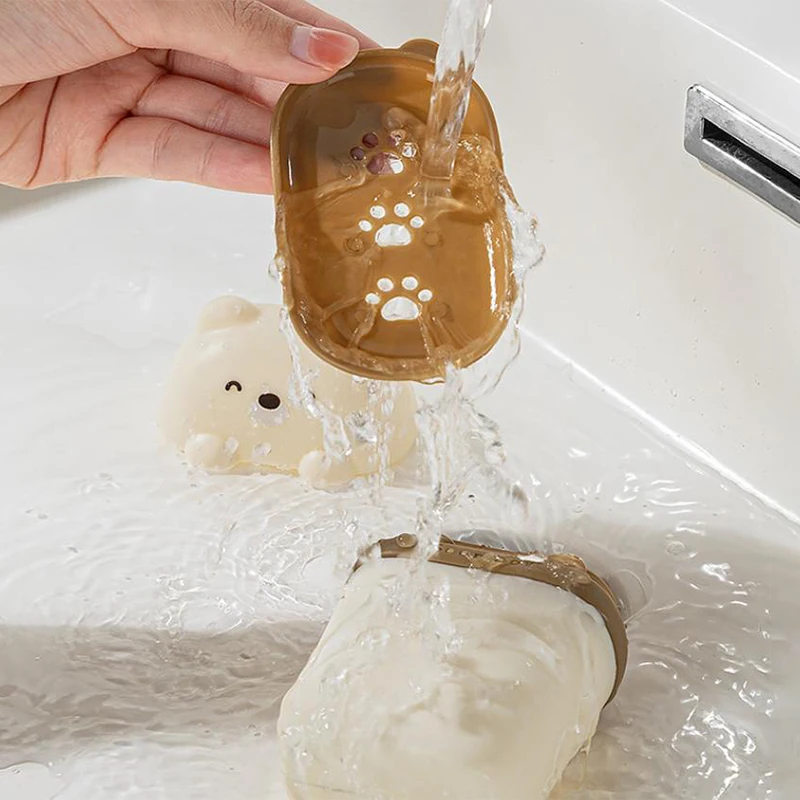 Cute Bear Plastic Soap Dish Bathroom Drainable Soap Holder With Lid Container Outdoor Travel Portable Soap Box