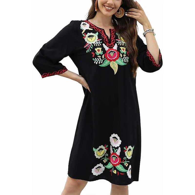 Eaeovni Women’s Mexican Embroidered Dress Floral Embroidered Dresses for Women Boho Peasant 3/4 Sleeve Fiesta Dress Casual Skirt