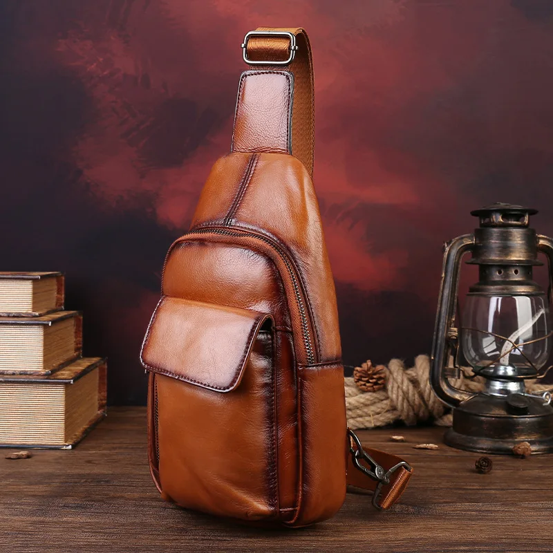 Real leather high-grade men's diagonal cross chest bag simple lightweight waterproof travel shoulder backpack